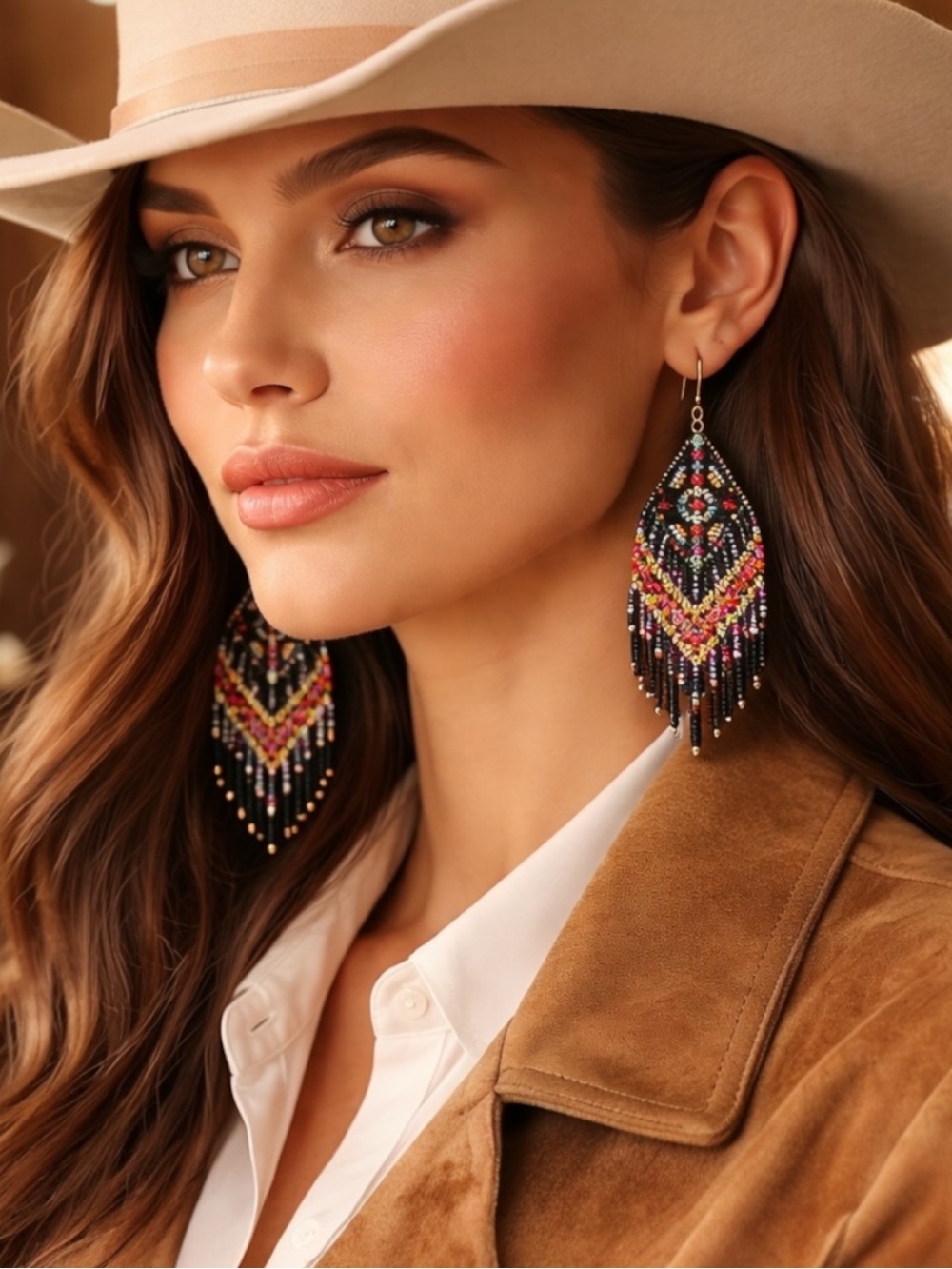 Western Boho Beaded Fringe Earrings Black Pink Purple Southwest - Picture 2 of 2